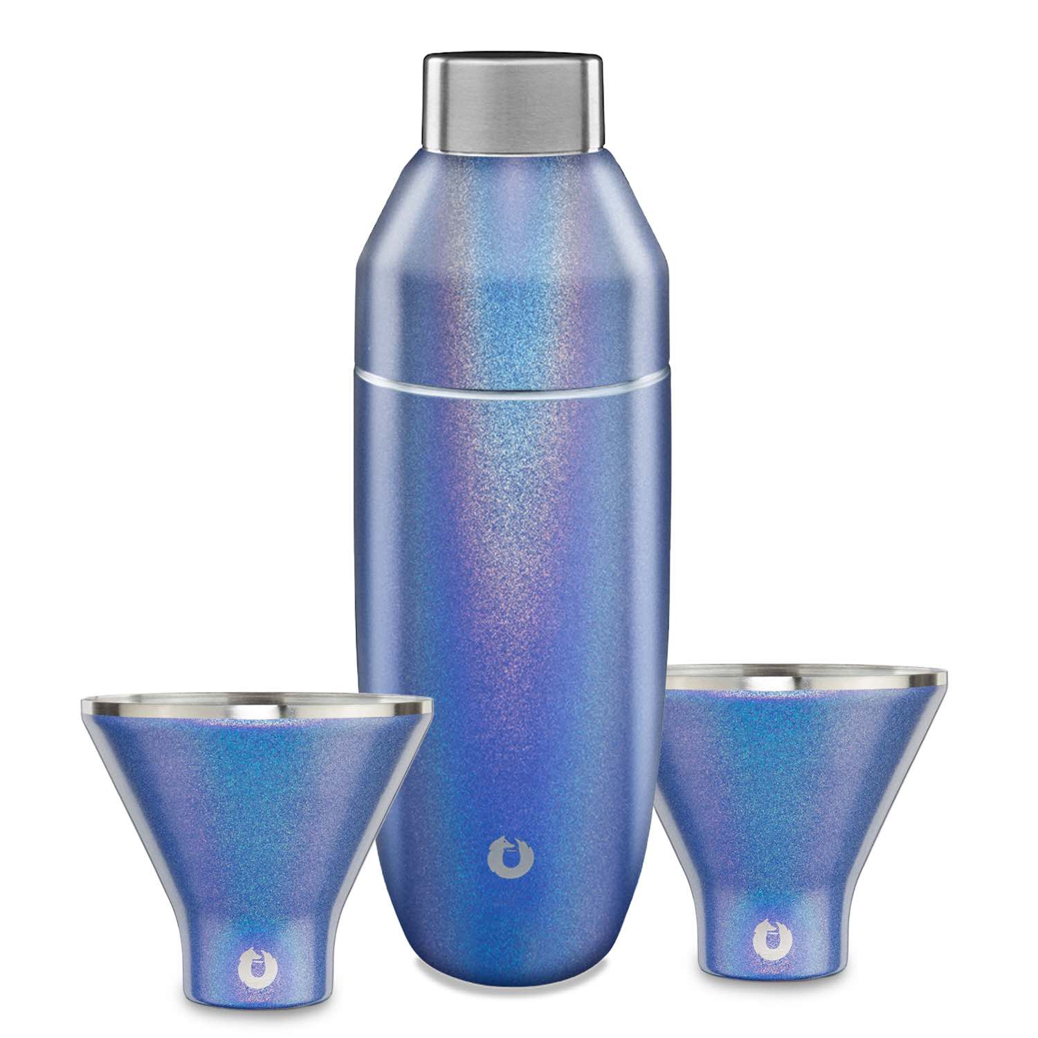 Shimmer Blue: Stainless Steel cocktail shaker and martini glass barware set blue