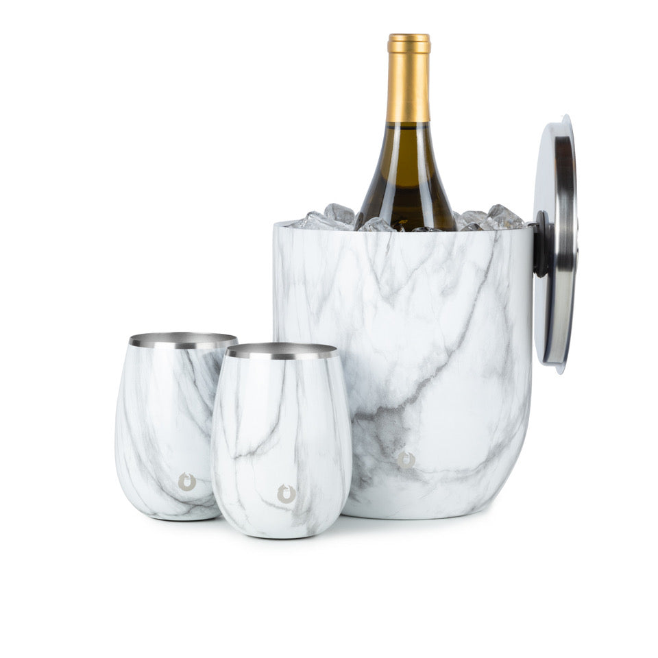 Stainless Steel Ice Bucket with Grand Pinot Wine Glass Set, Marble