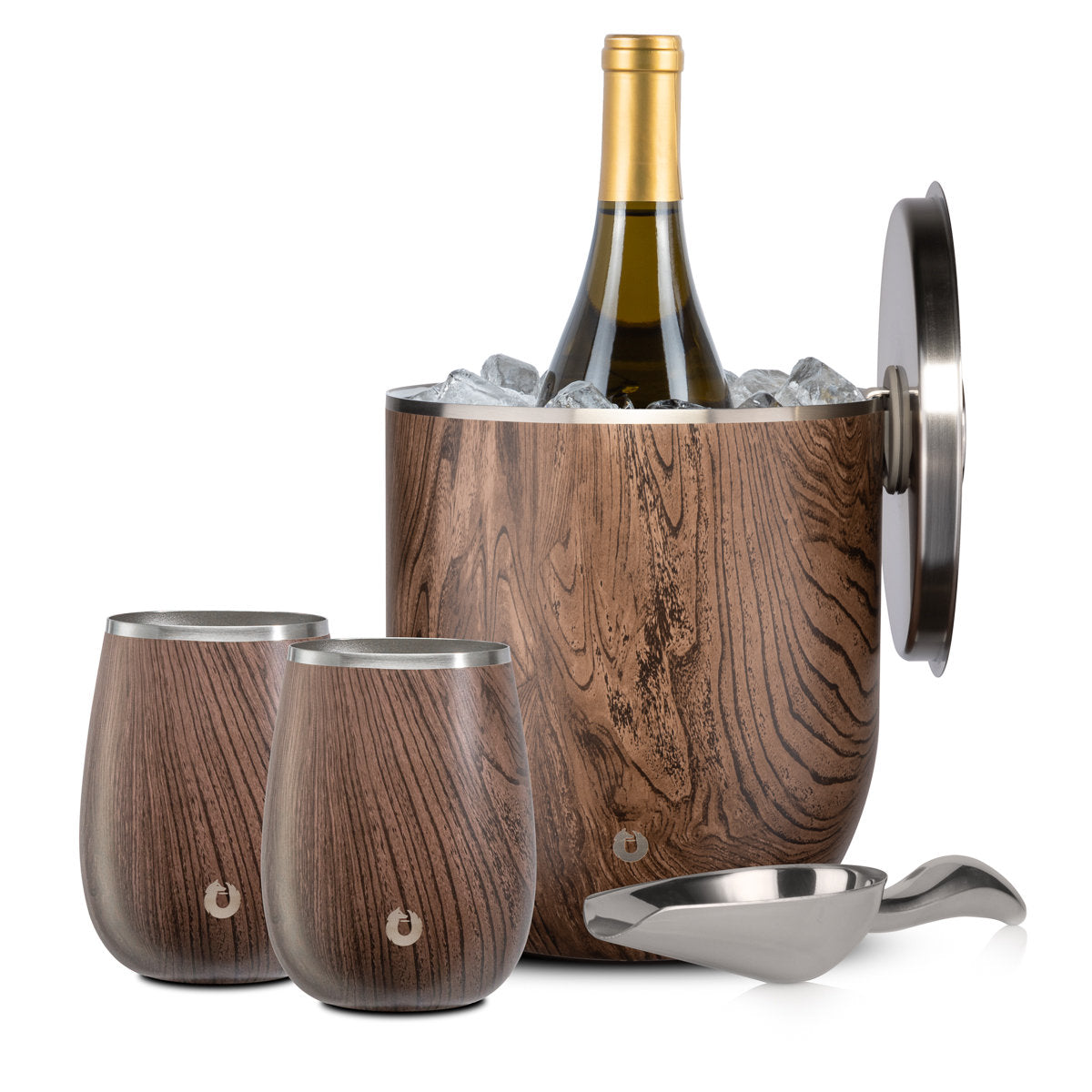 Stainless Steel Ice Bucket with Grand Pinot Wine Glass Set, Dark Walnut