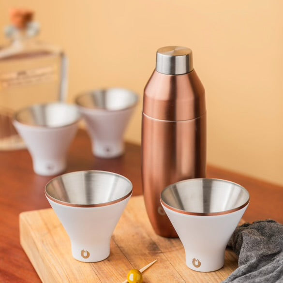 Stainless Steel Cocktail Shaker and Martini Glass Set, Gold and White