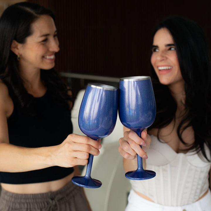 Stainless Steel Wine Chiller and Wine Glass Gift Set.- Steel and Blue