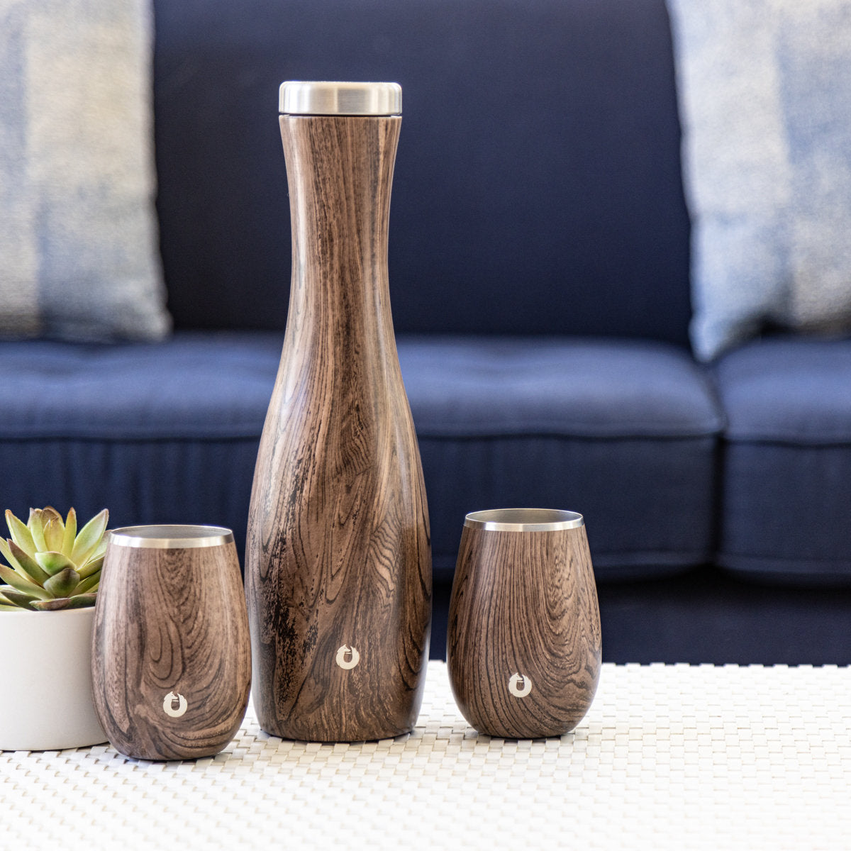 Stainless Steel Carafe and Wine Glass Set, Dark Walnut