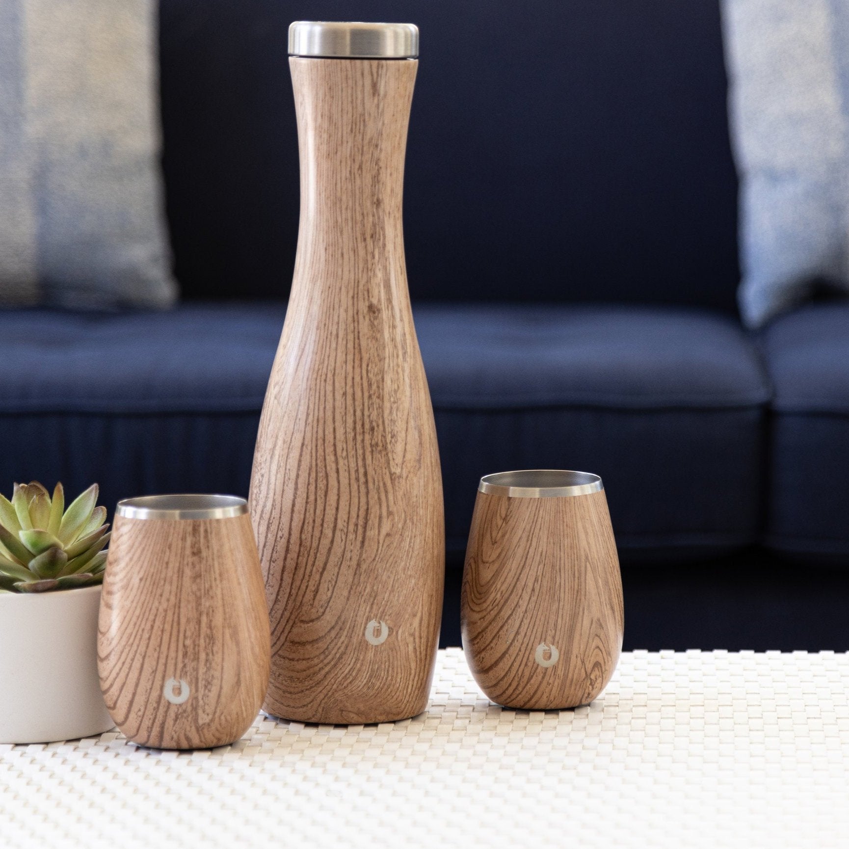 Stainless Steel Carafe and Wine Glass Set, Natural Teak