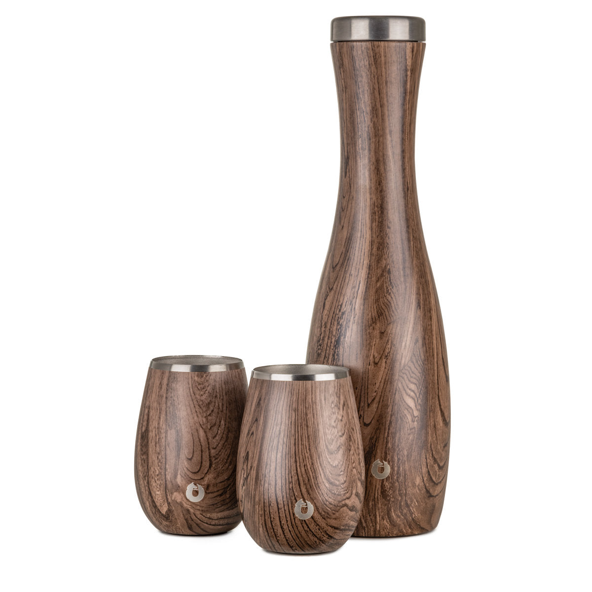 Stainless Steel Carafe and Wine Glass Set, Dark Walnut