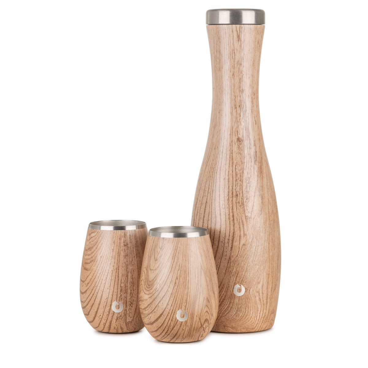 Stainless Steel Carafe and Wine Glass Set, Natural Teak