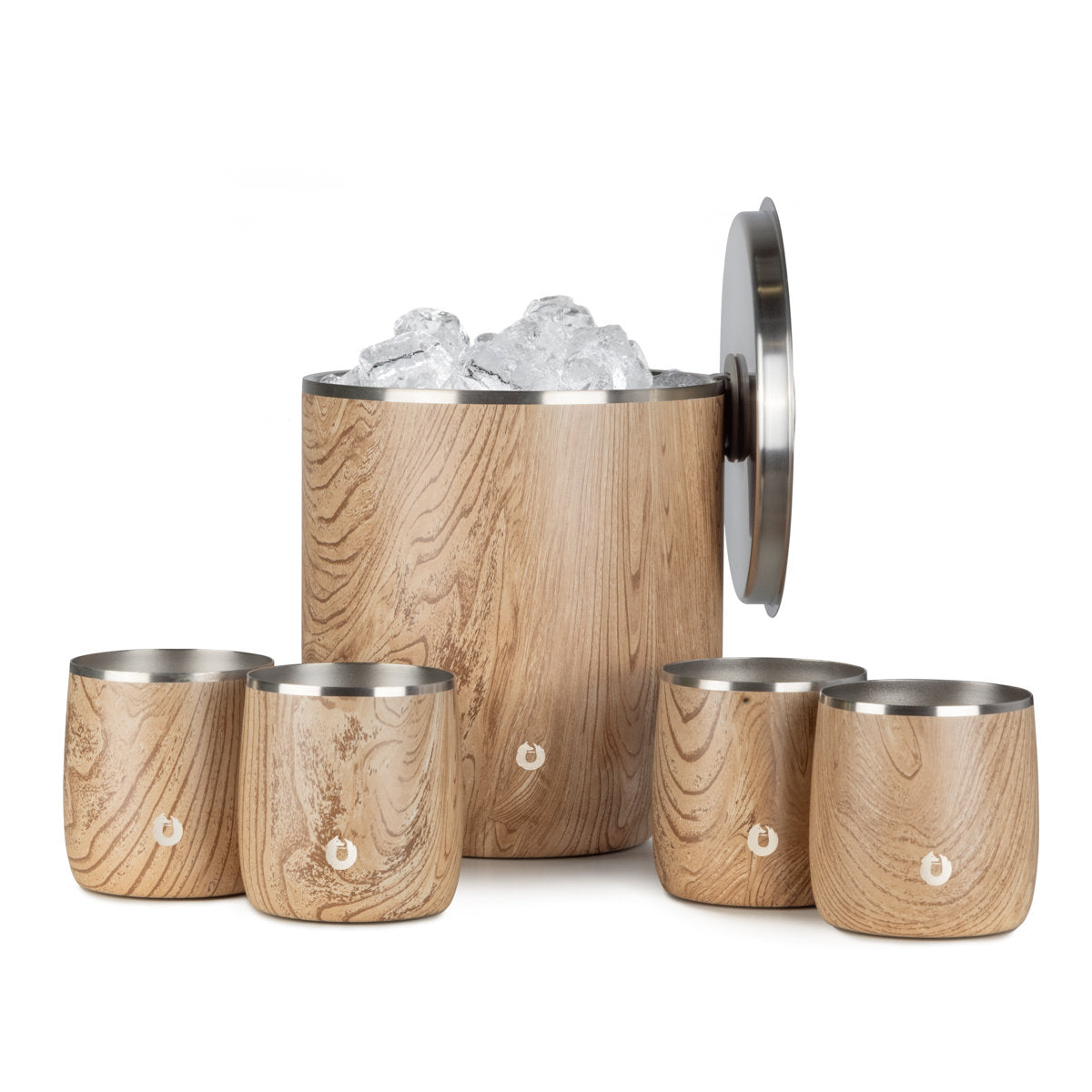 Stainless Steel Ice Bucket with Rocks Glass Set, Natural Teak