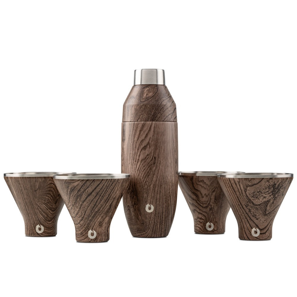 Stainless Steel Cocktail Shaker and Martini Glass Set, Dark Walnut