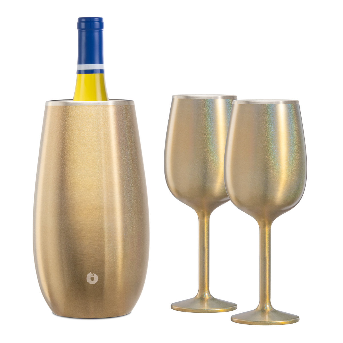 Stainless Steel Wine Chiller and Wine Glass Gift Set.- Shimmer Gold
