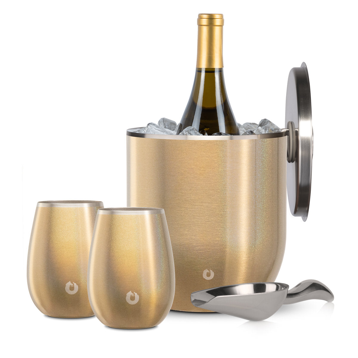 Stainless Steel Ice Bucket with Grand Pinot Wine Glass Set, Shimmer Gold