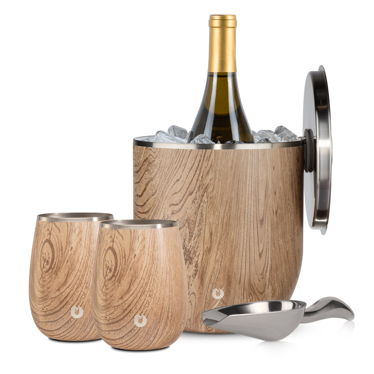 Stainless Steel Ice Bucket with Grand Pinot Wine Glass Set, Natural Teak