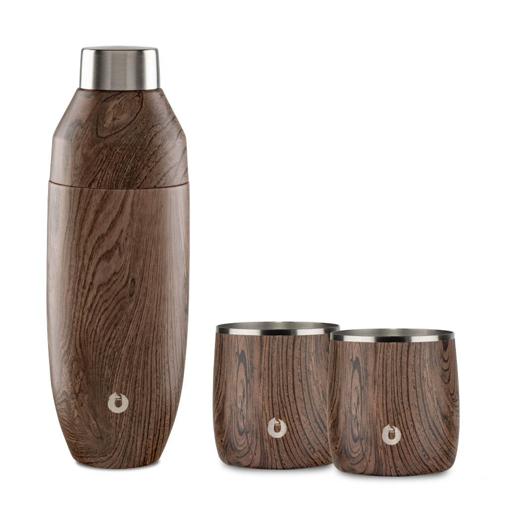 Stainless Steel Cocktail Shaker and Rocks Barware Set, Dark Walnut