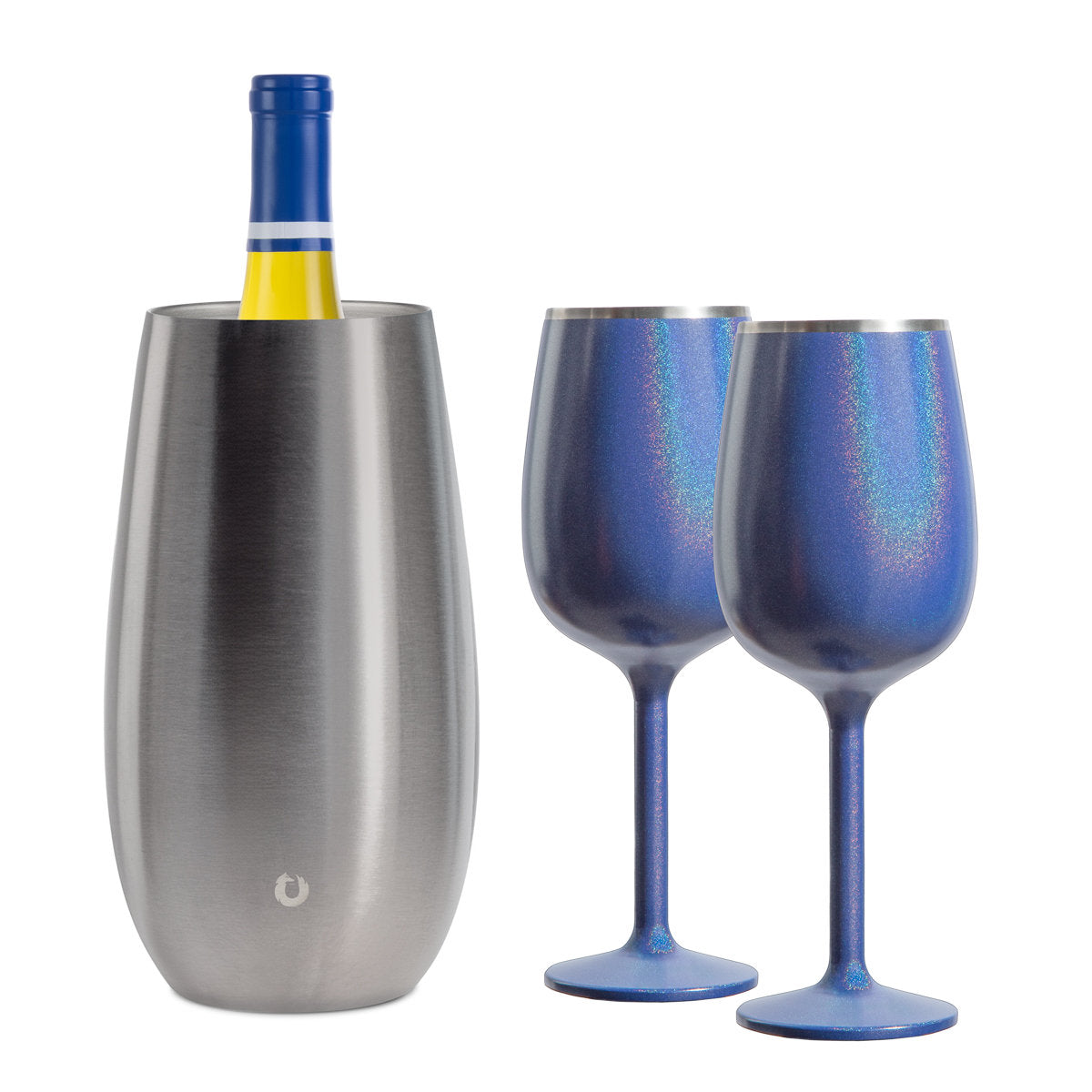 Stainless Steel Wine Chiller and Wine Glass Gift Set.- Steel and Blue