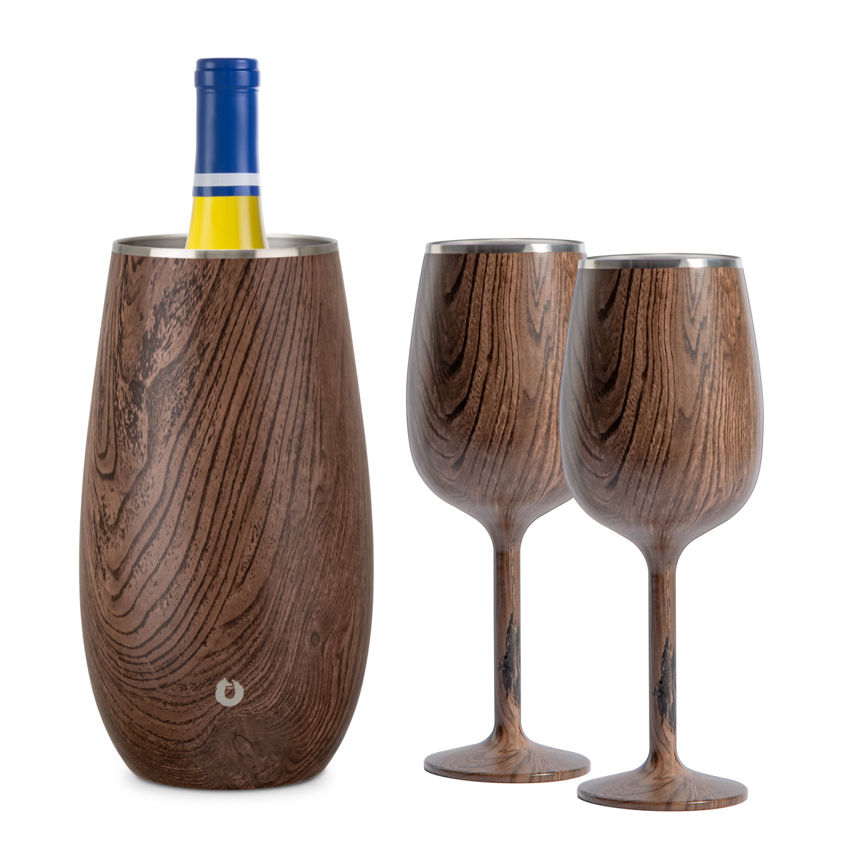 Stainless Steel Wine Chiller and Wine Glass Gift Set - Dark Walnut