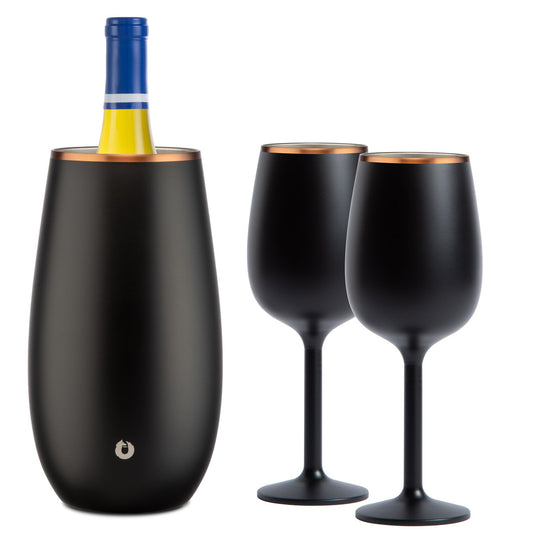 Stainless Steel Wine Chiller and Wine Glass Gift Set.- Black