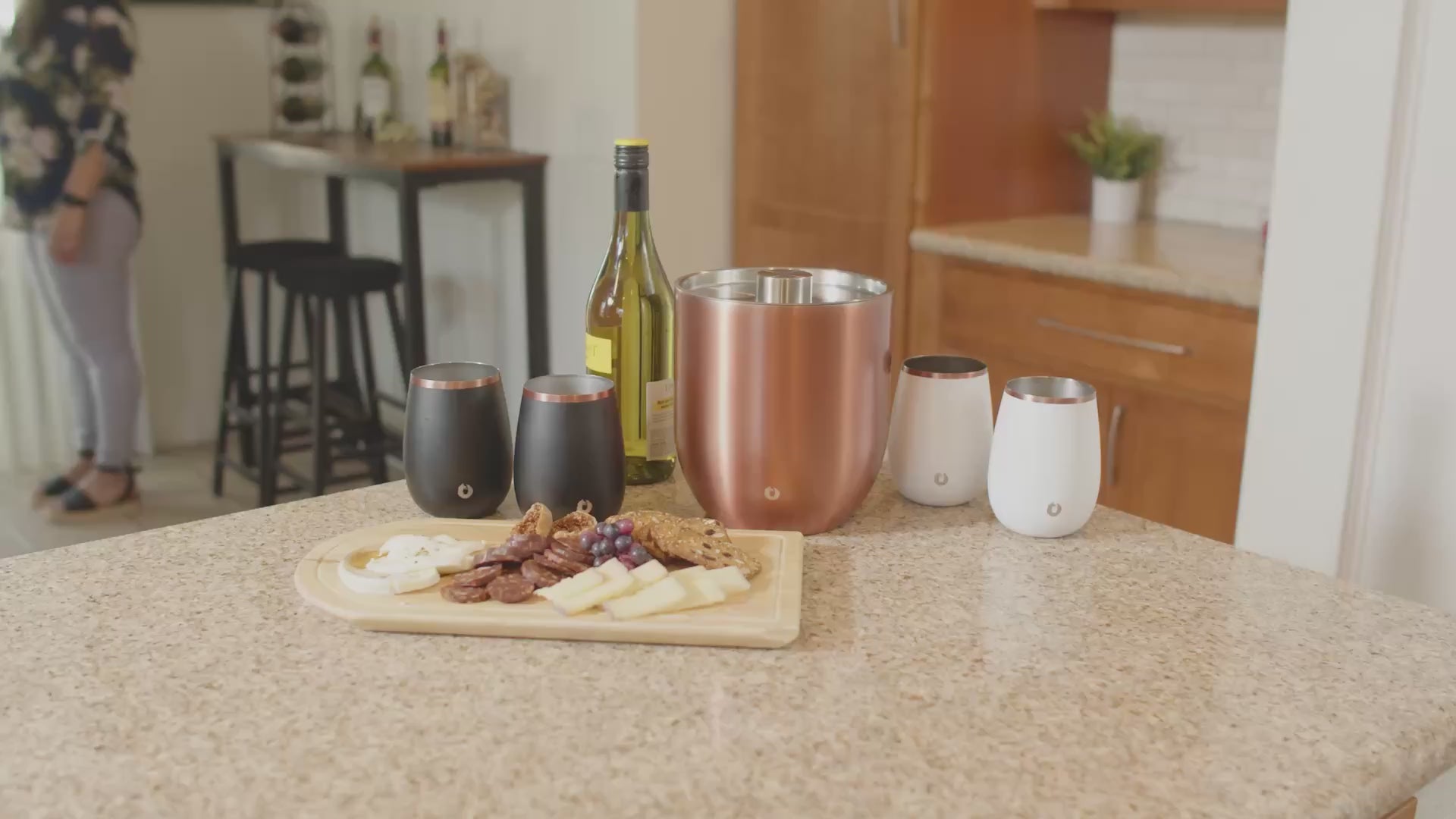 Stainless Steel Ice Bucket with Rocks Glass Set, Gold and White